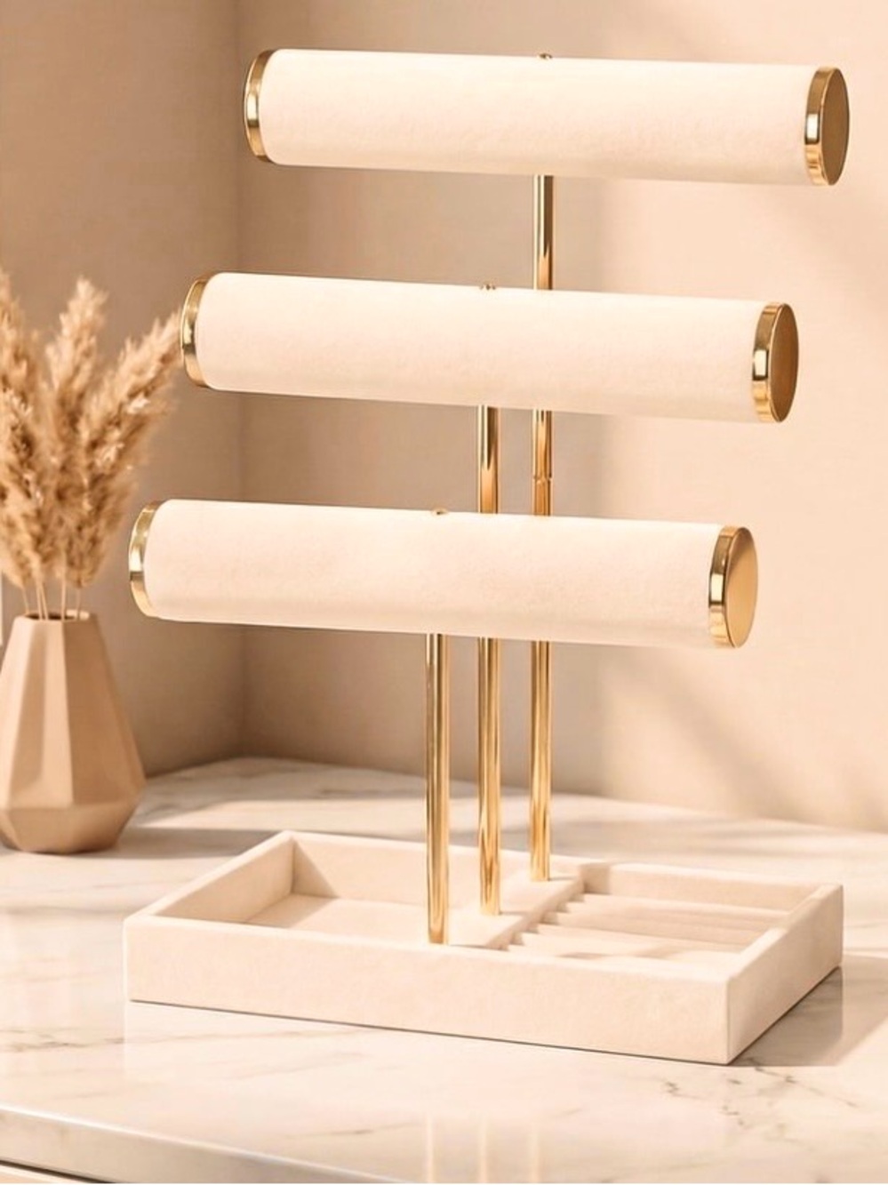 Velvet Three-Tier Jewelry Stand with Gold Accents - Cream